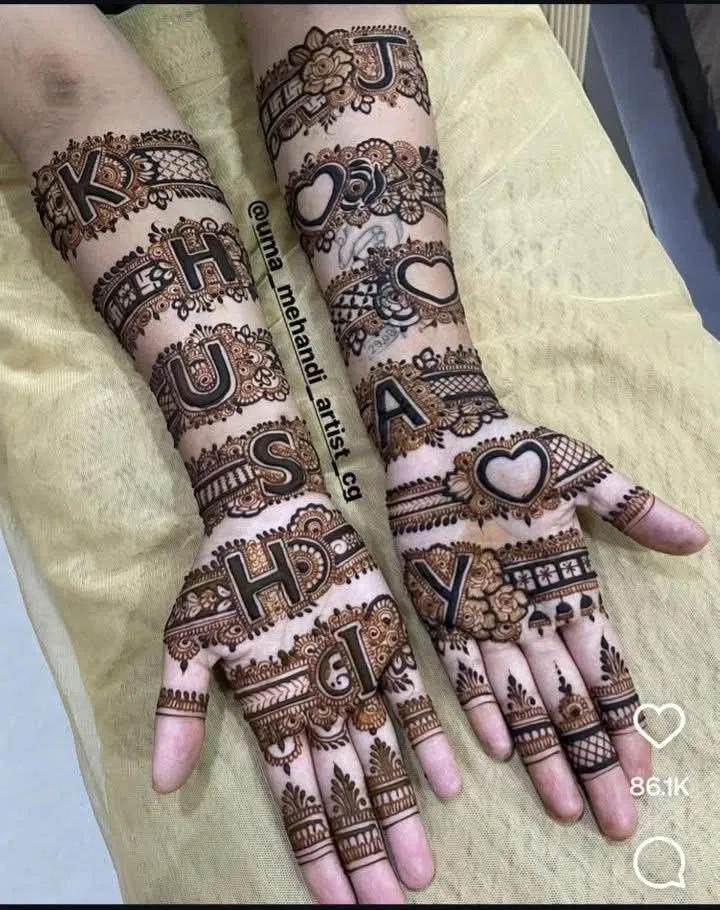 Arabic Bridal Front Hand Mehndi Design with Figures, Hearts and Hidden Name