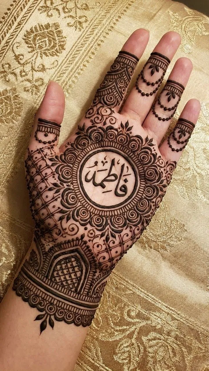 Aesthetic Arabic Full Hand Mehndi Design with Gol Tikki and Hidden Name