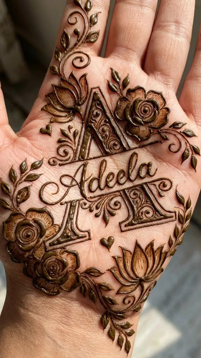 Arabic Bridal Foot Mehndi Design with Flowers and Hidden Name