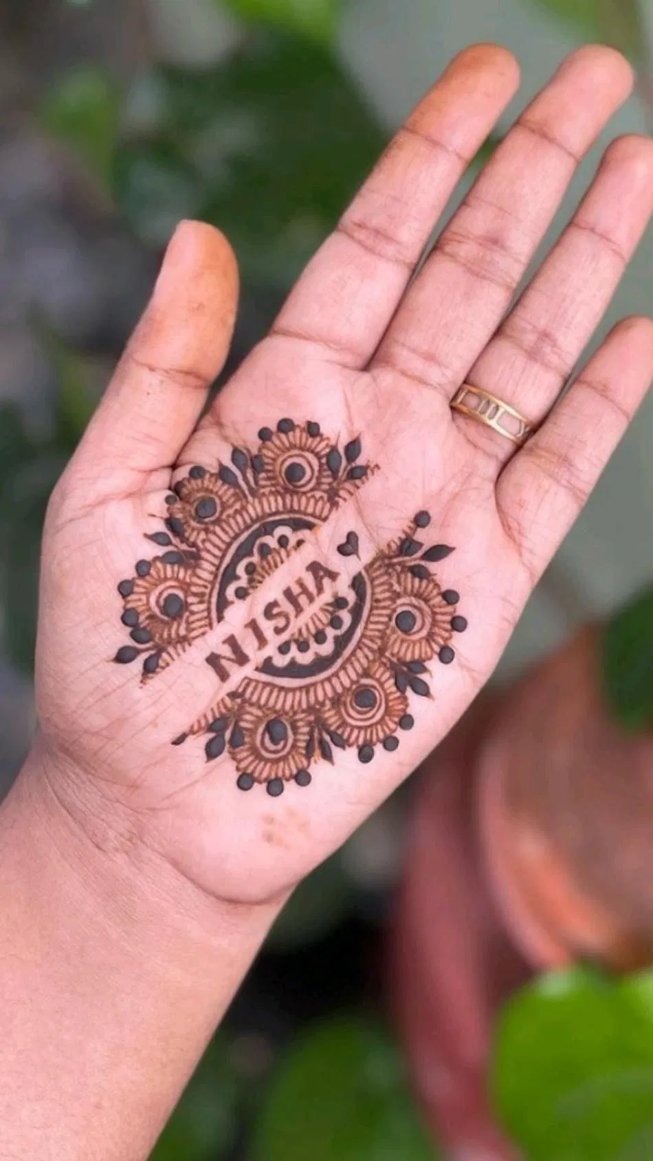 Simple Stylish Finger Mehndi Design with Gol Tikki, Deity and Hidden Name for Engagement