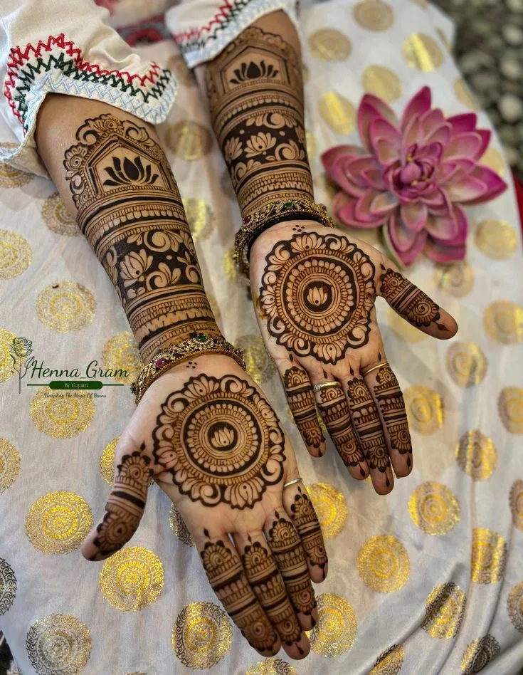 Arabic Bridal Full Hand Mehndi Design with Gol Tikki, Flowers and Lotus