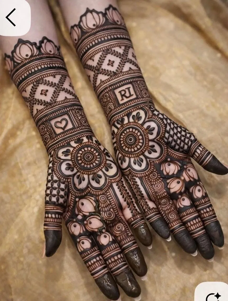 Arabic Bridal Front Hand Mehndi Design with Gol Tikki and Hearts