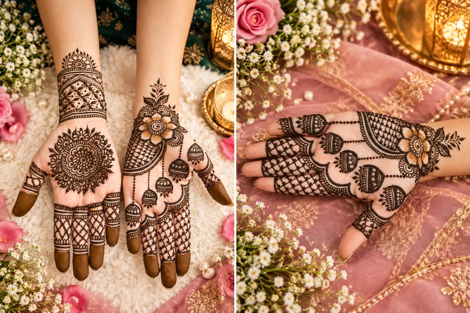 Arabic Front Hand Mehndi Design with Figures, Hearts and Jaal