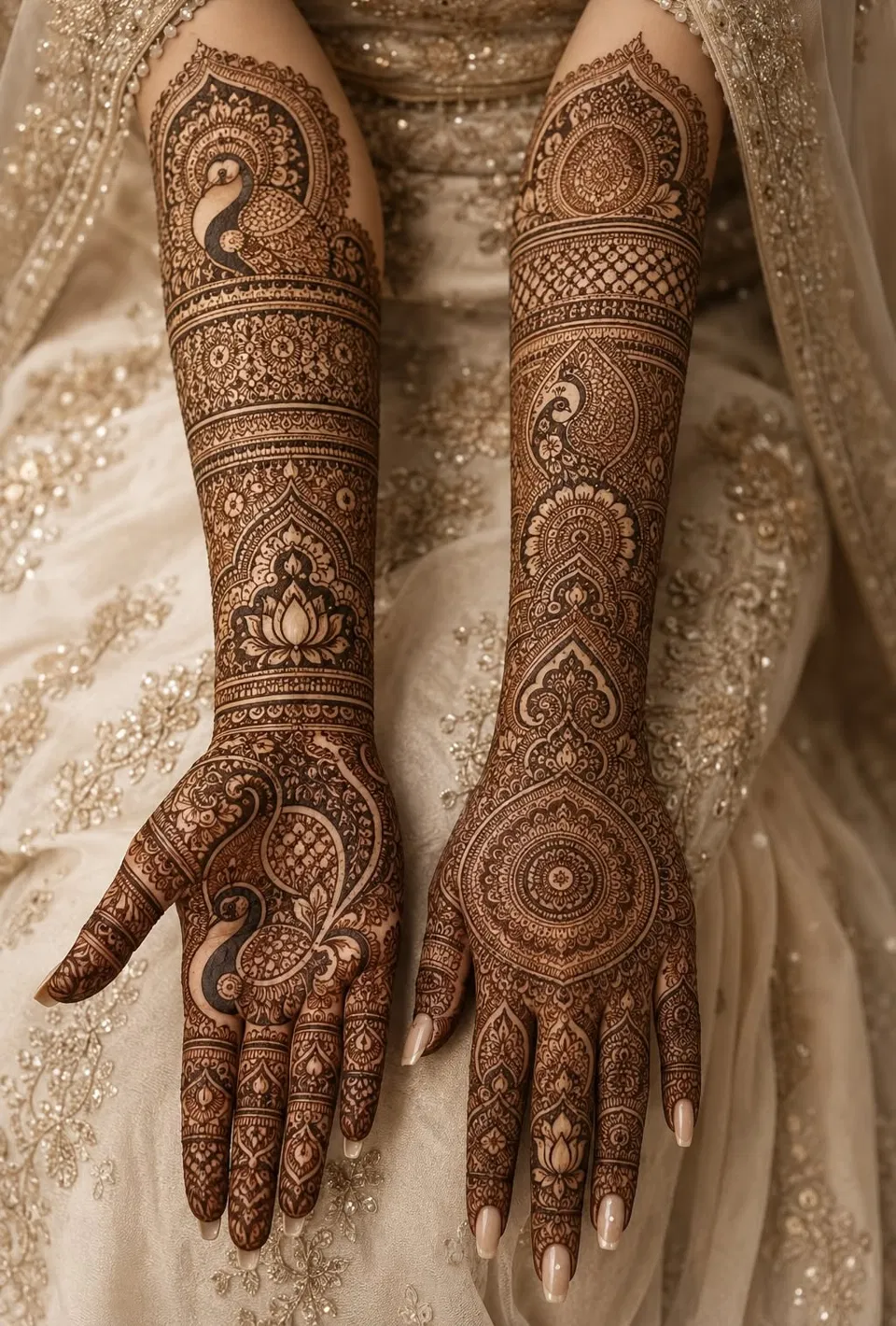 Arabic Bridal Front Hand Mehndi Design with Gol Tikki for Engagement