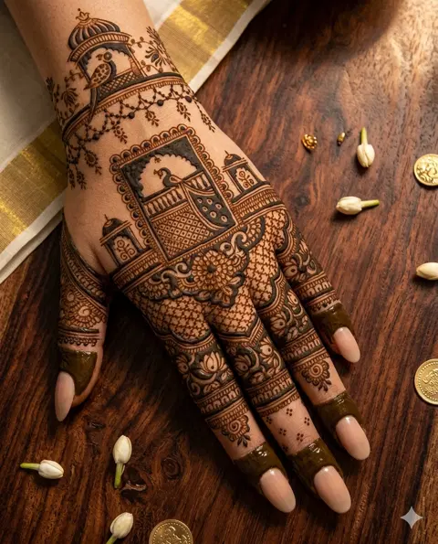 bridal indian peacock back hand mehndi design