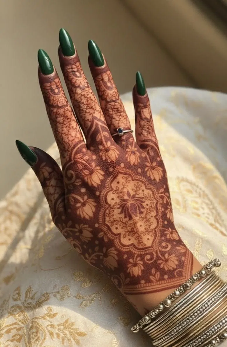 Bridal Royal Back Hand Mehndi Design with Gol Tikki for Eid