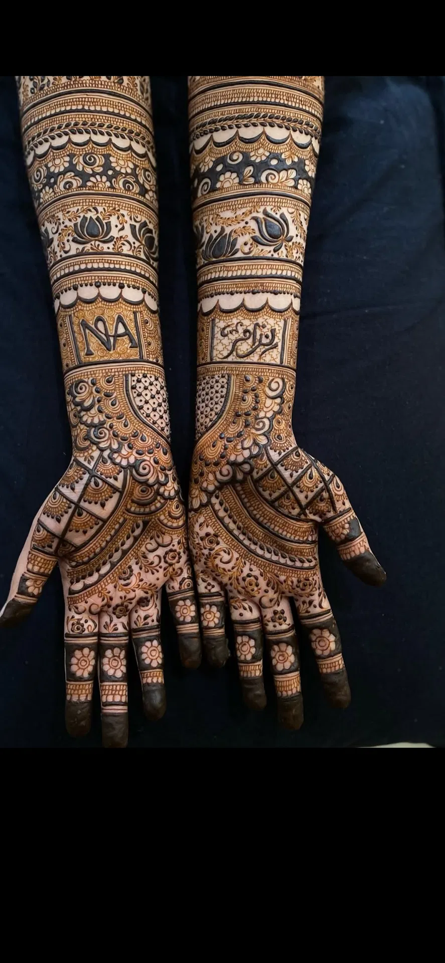 Bridal Full Hand Mehndi Design with Figures and Hidden Name