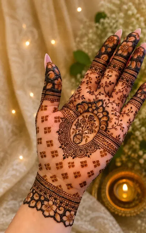 aesthetic bridal circle back hand mehndi design
