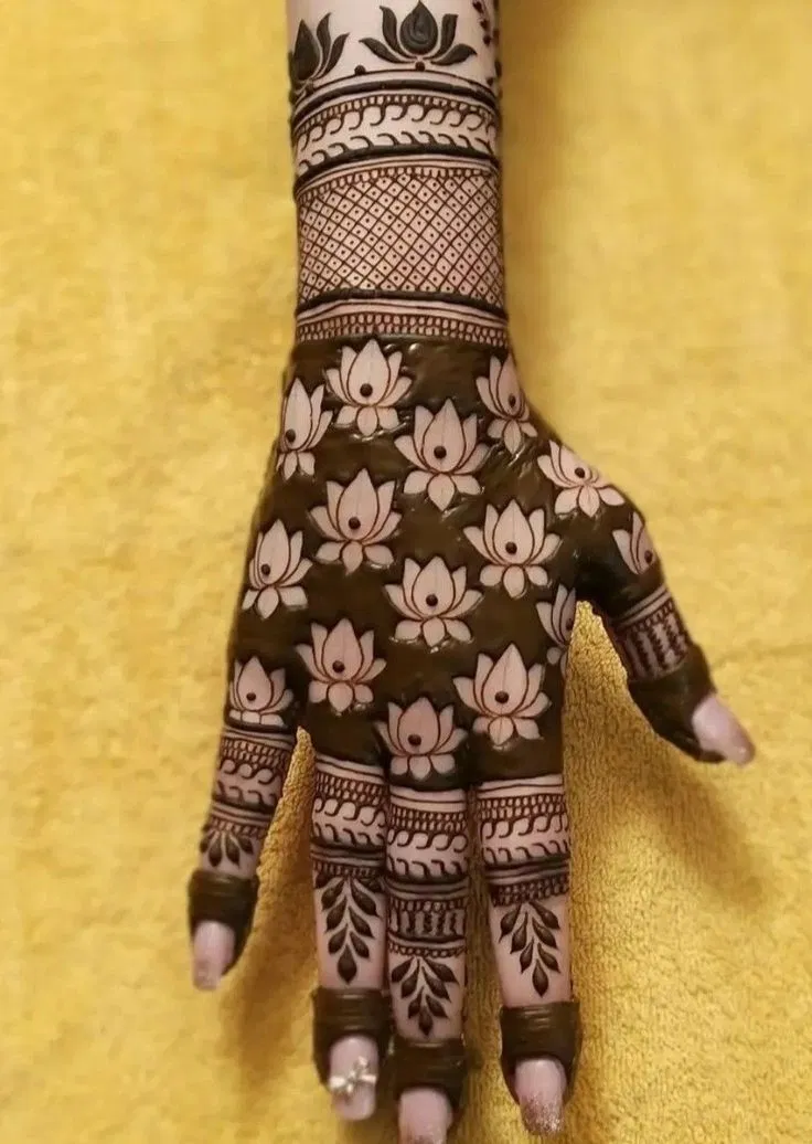 Bridal Front Hand Mehndi Design with Flowers and Lotus