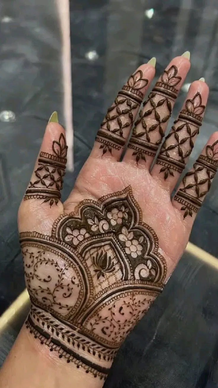 Aesthetic Royal Front Hand Mehndi Design with Bel and Lotus