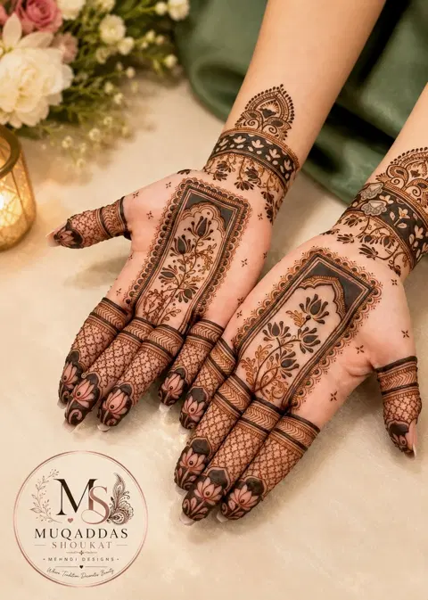 aesthetic bridal flower front hand mehndi design