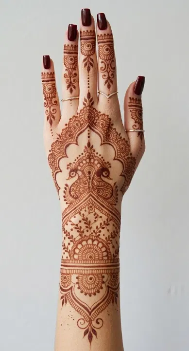 Arabic Bridal Back Hand Mehndi Design with Gol Tikki and Peacock