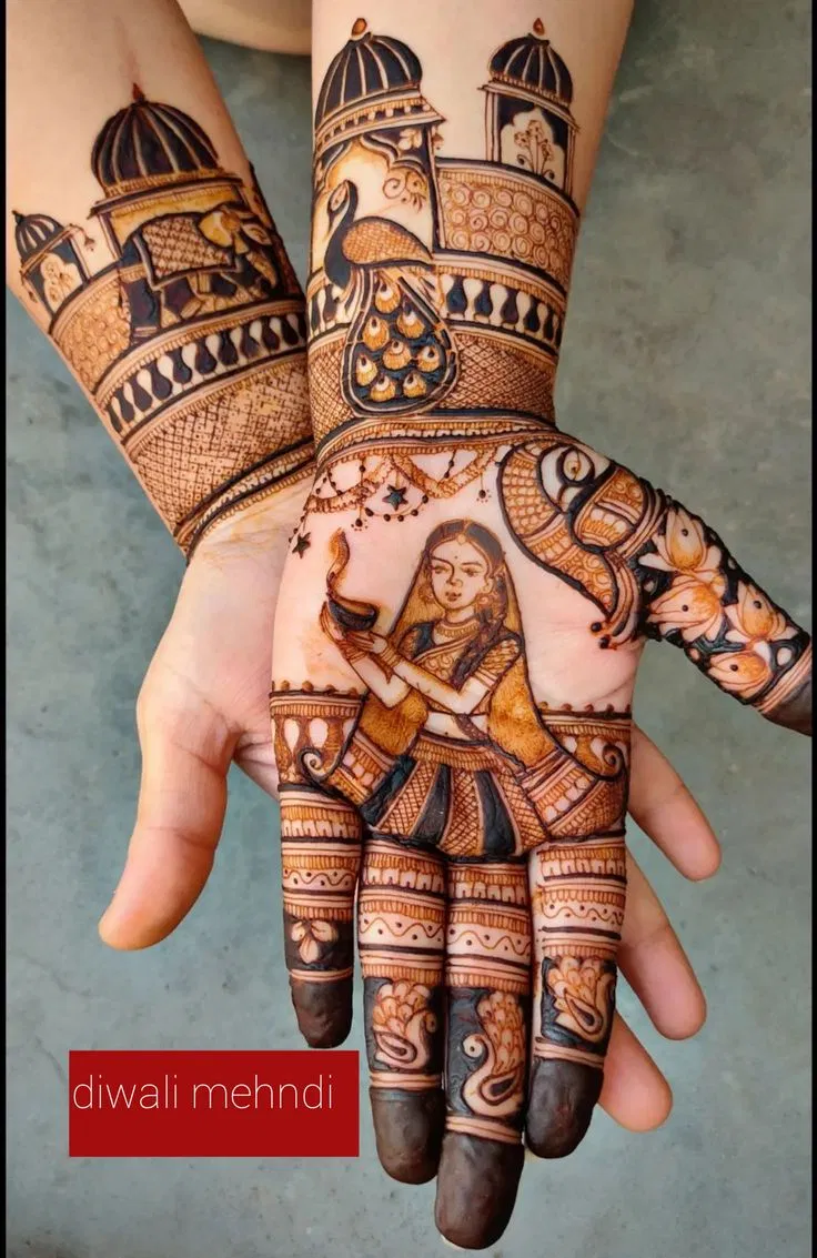 Stylish Front Hand Mehndi Design with Figures for Diwali