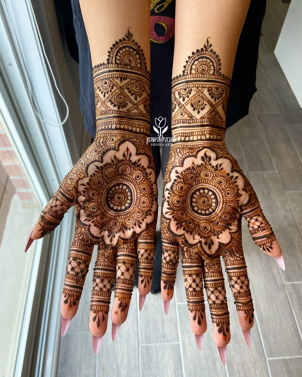 Bridal Indian Front Hand Mehndi Design with Gol Tikki and Deity