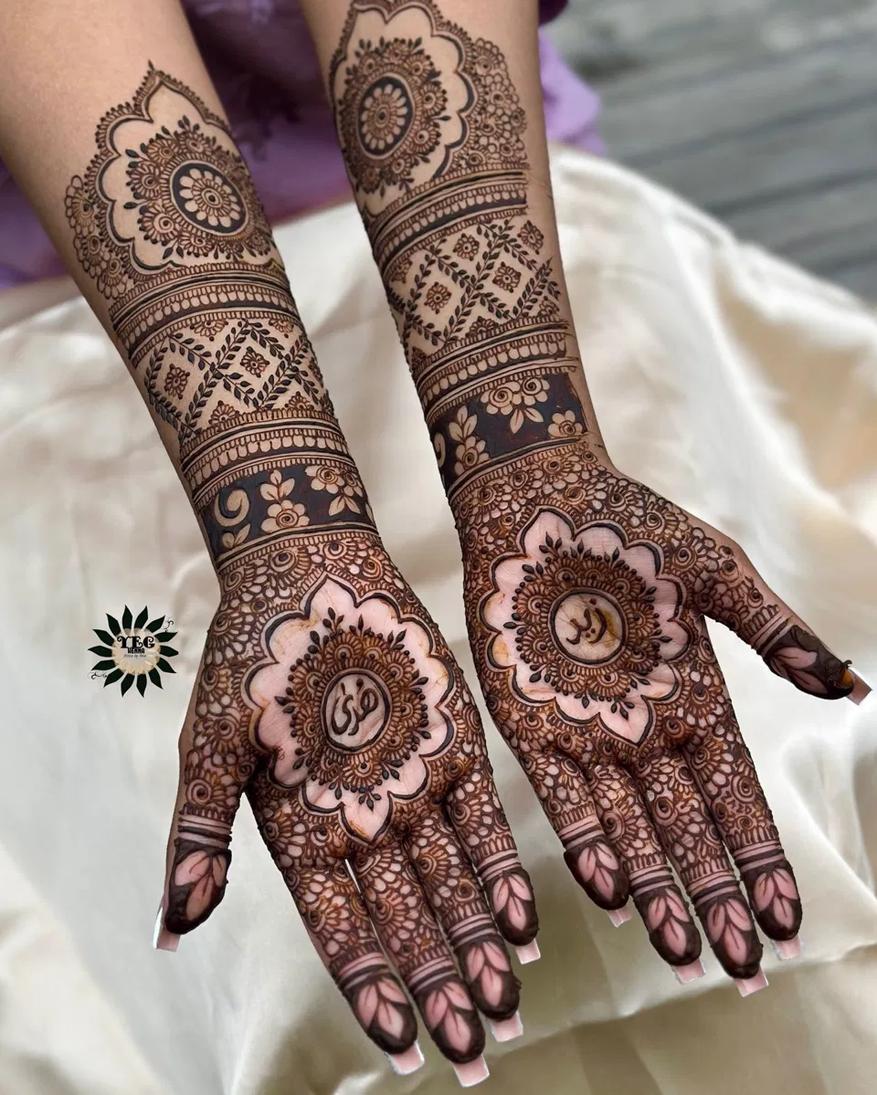 Bridal Indian Front Hand Mehndi Design with Gol Tikki and Lotus