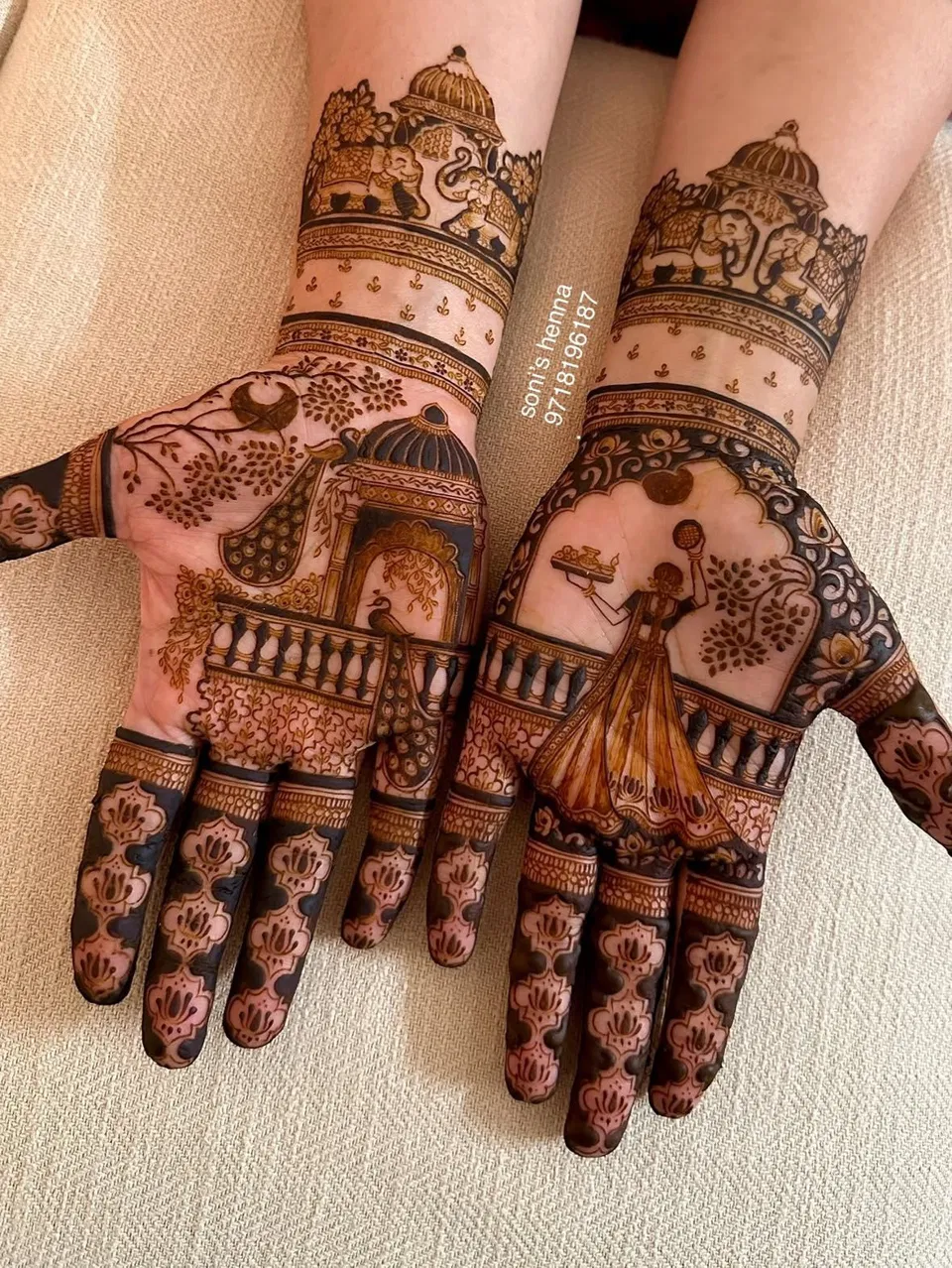 Royal Back Hand Mehndi Design with Figures and Peacock