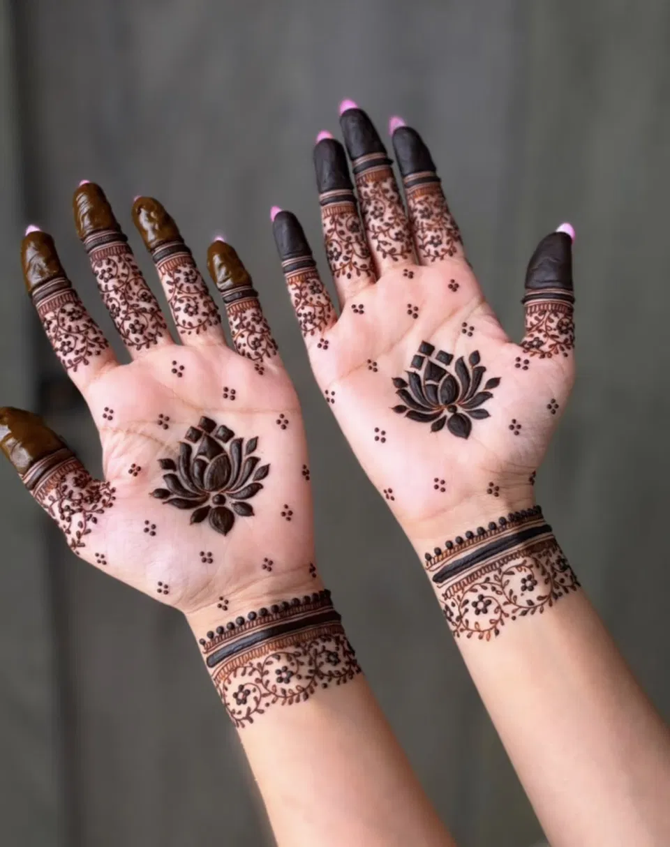 Aesthetic Simple Front Hand Mehndi Design with Jaal and Lotus for Teej