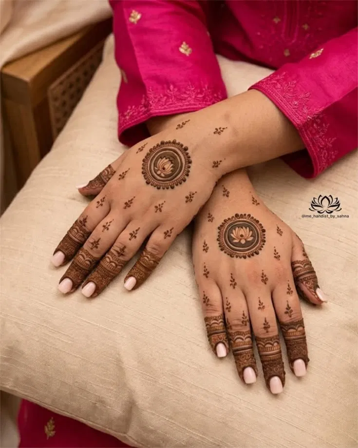 Bridal Minimal Finger Mehndi Design with Gol Tikki and Lotus