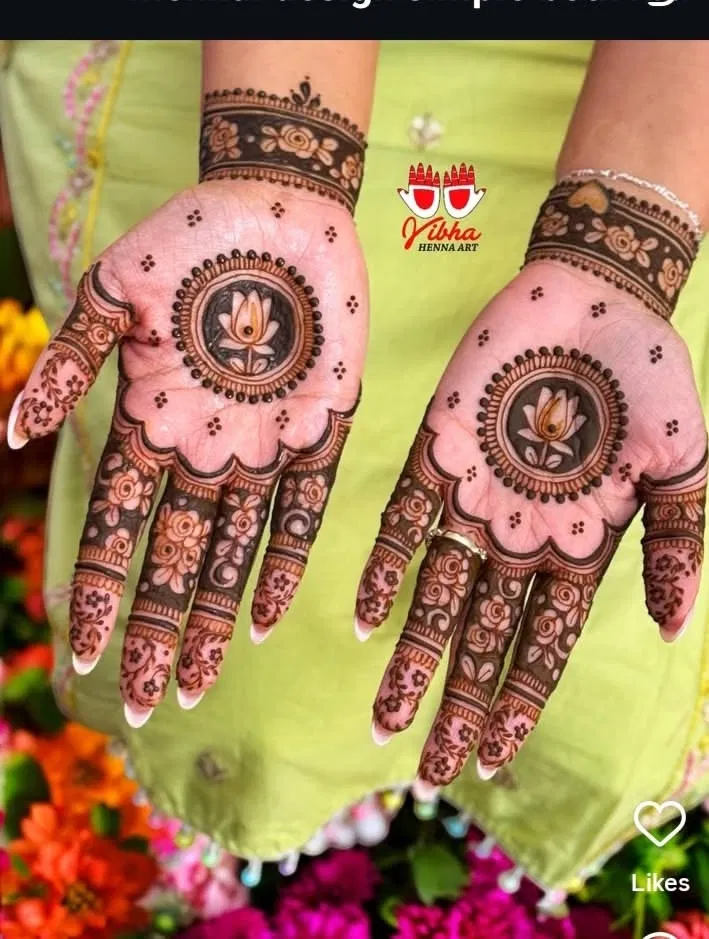 Bridal Indian Finger Mehndi Design with Gol Tikki and Flowers