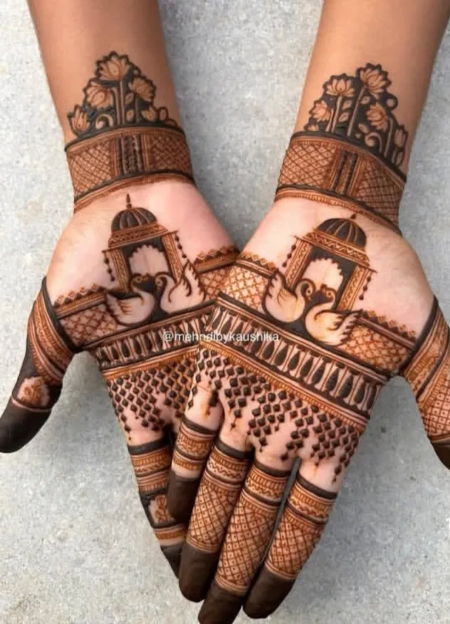 Bridal Stylish Front Hand Mehndi Design with Figures, Hearts and Peacock for Sawan