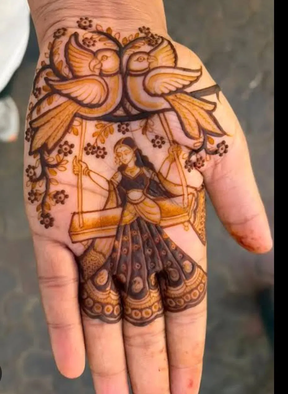 Aesthetic Bridal Front Hand Mehndi Design with Gol Tikki, Figures and Flowers for Teej