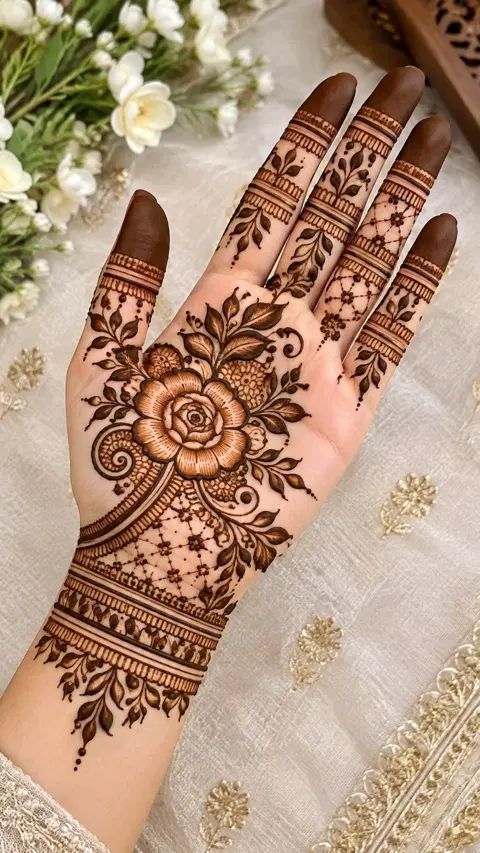 aesthetic bridal circle finger mehndi design