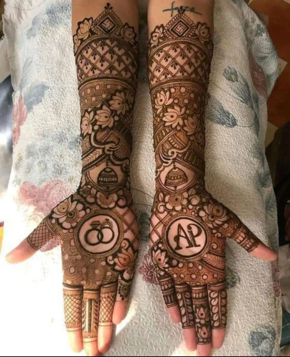 Bridal Indian Full Hand Mehndi Design with Figures and Hidden Name