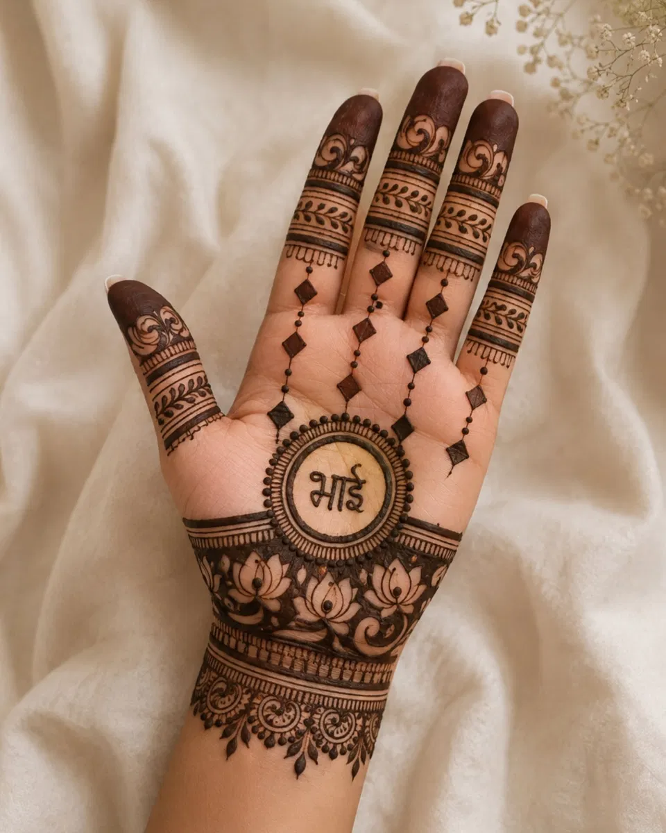 Bridal Stylish Front Hand Mehndi Design with Gol Tikki, Jaal and Lotus for Raksha Bandhan