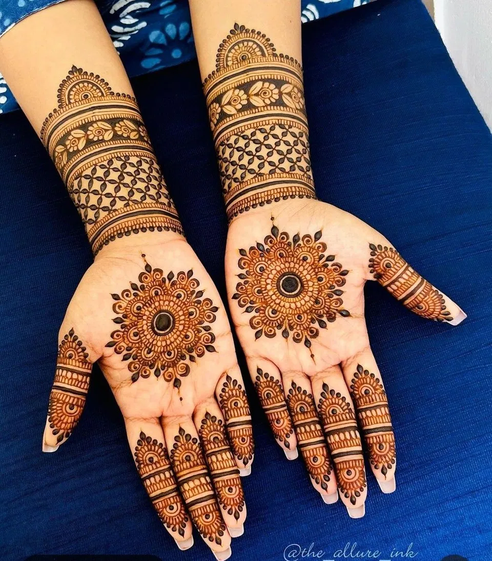 Bridal Indian Full Hand Mehndi Design with Gol Tikki for Engagement