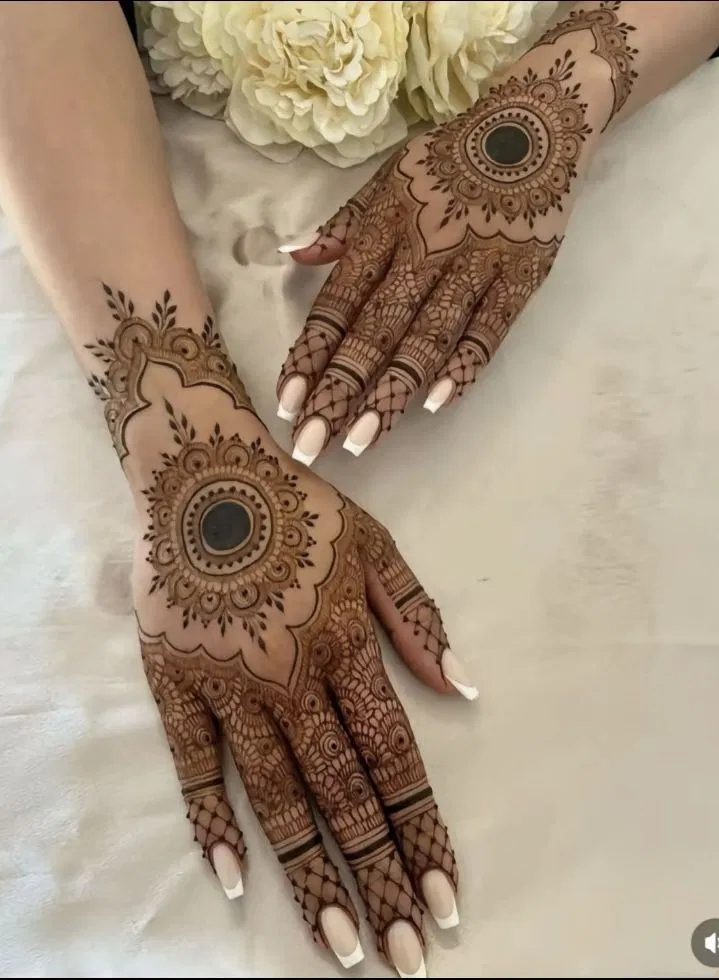Bridal Simple Back Hand Mehndi Design with Gol Tikki, Deity and Flowers