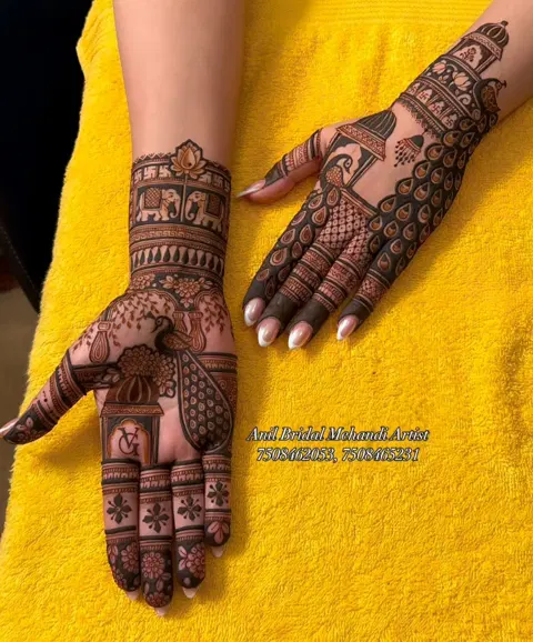bridal indian deity back hand mehndi design