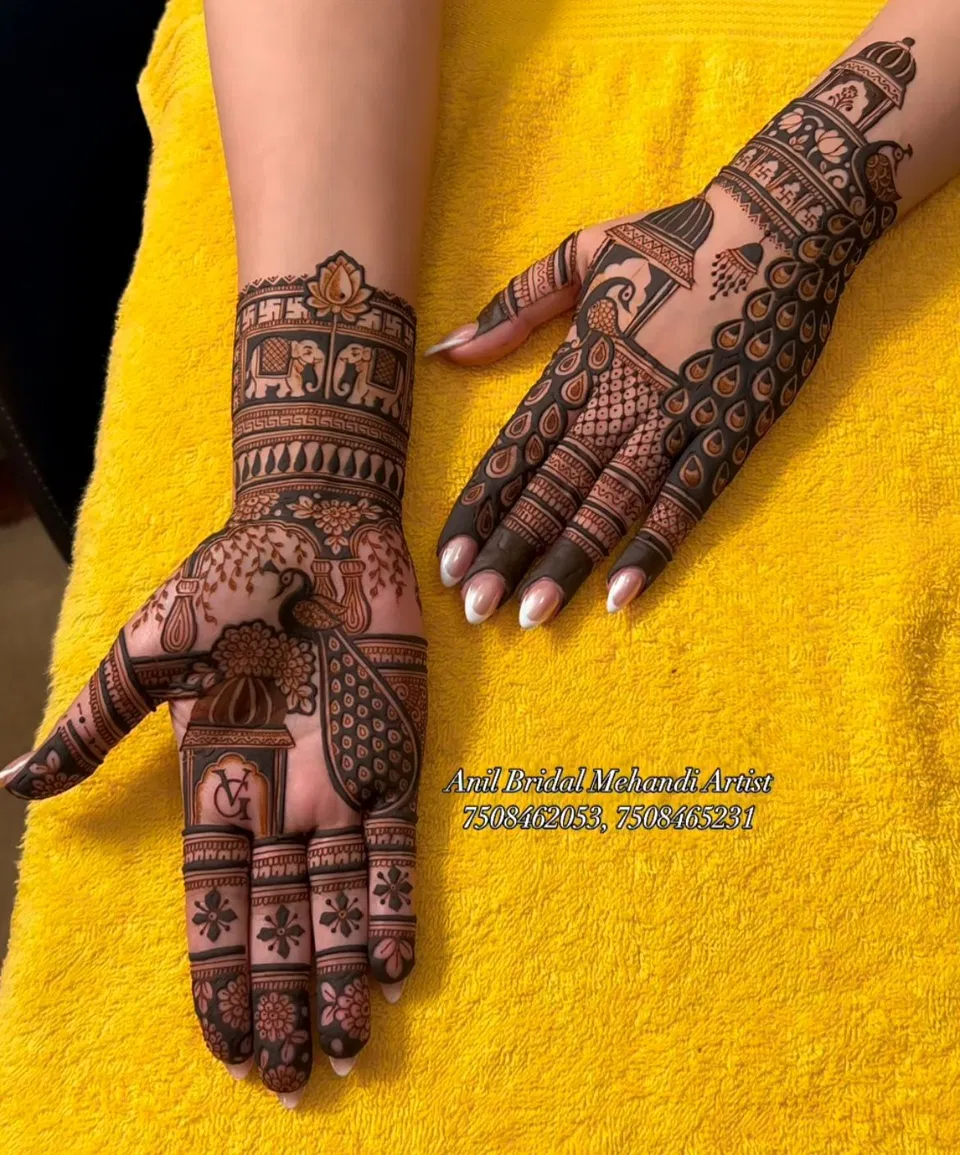 Bridal Indian Back Hand Mehndi Design with Deity, Figures and Jaal for Diwali