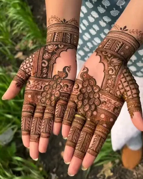 aesthetic bridal peacock front hand mehndi design