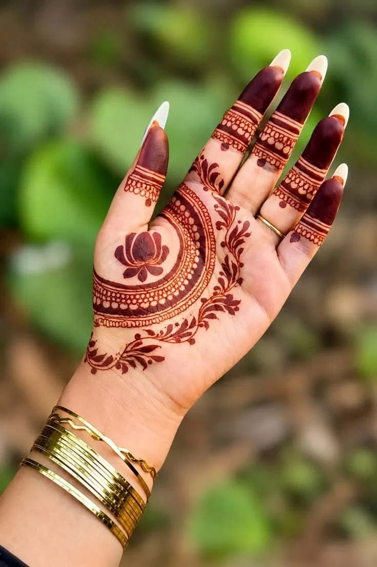 Aesthetic Simple Front Hand Mehndi Design with Bel and Lotus