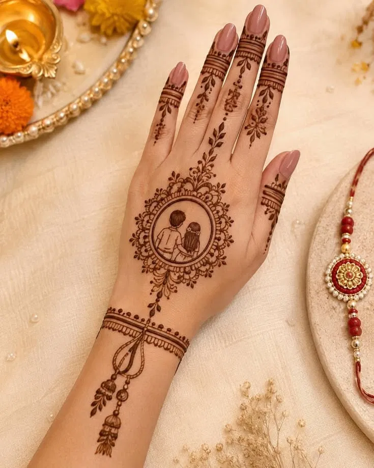 Aesthetic Simple Back Hand Mehndi Design with Gol Tikki and Figures for Raksha Bandhan