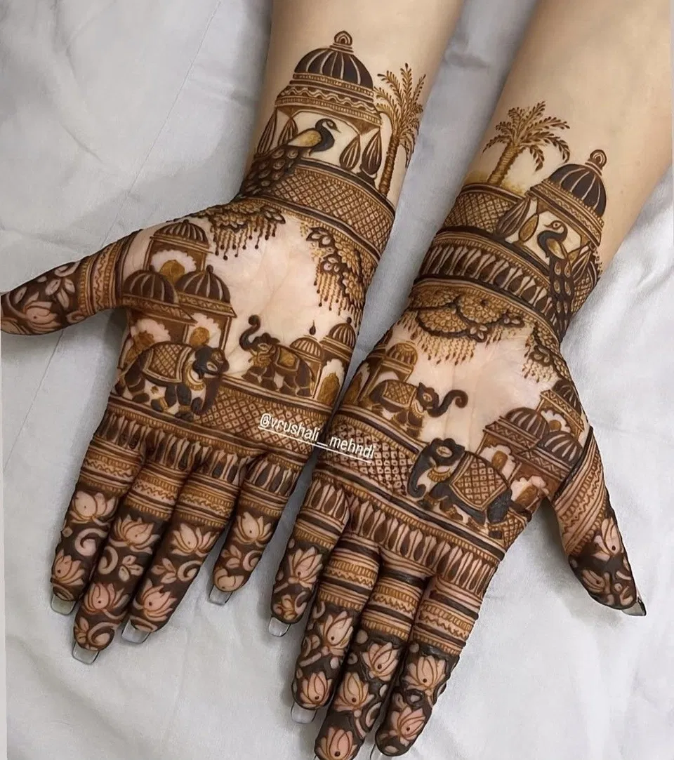 Aesthetic Bridal Full Hand Mehndi Design with Figures and Peacock for Raksha Bandhan