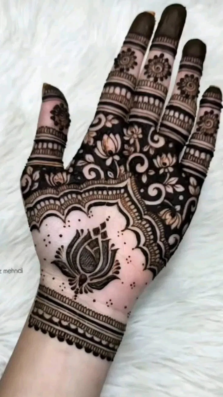 Aesthetic Arabic Front Hand Mehndi Design with Gol Tikki and Lotus