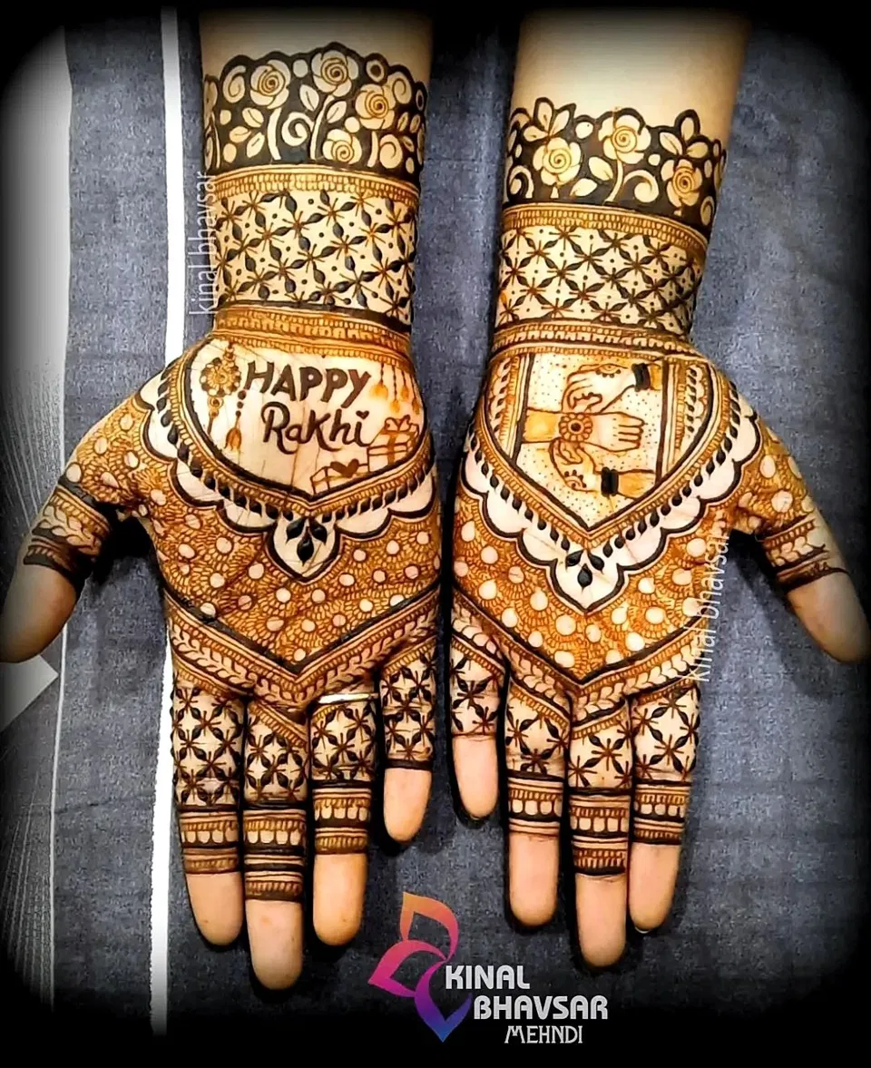 Stylish Front Hand Mehndi Design with Figures and Hearts for Diwali
