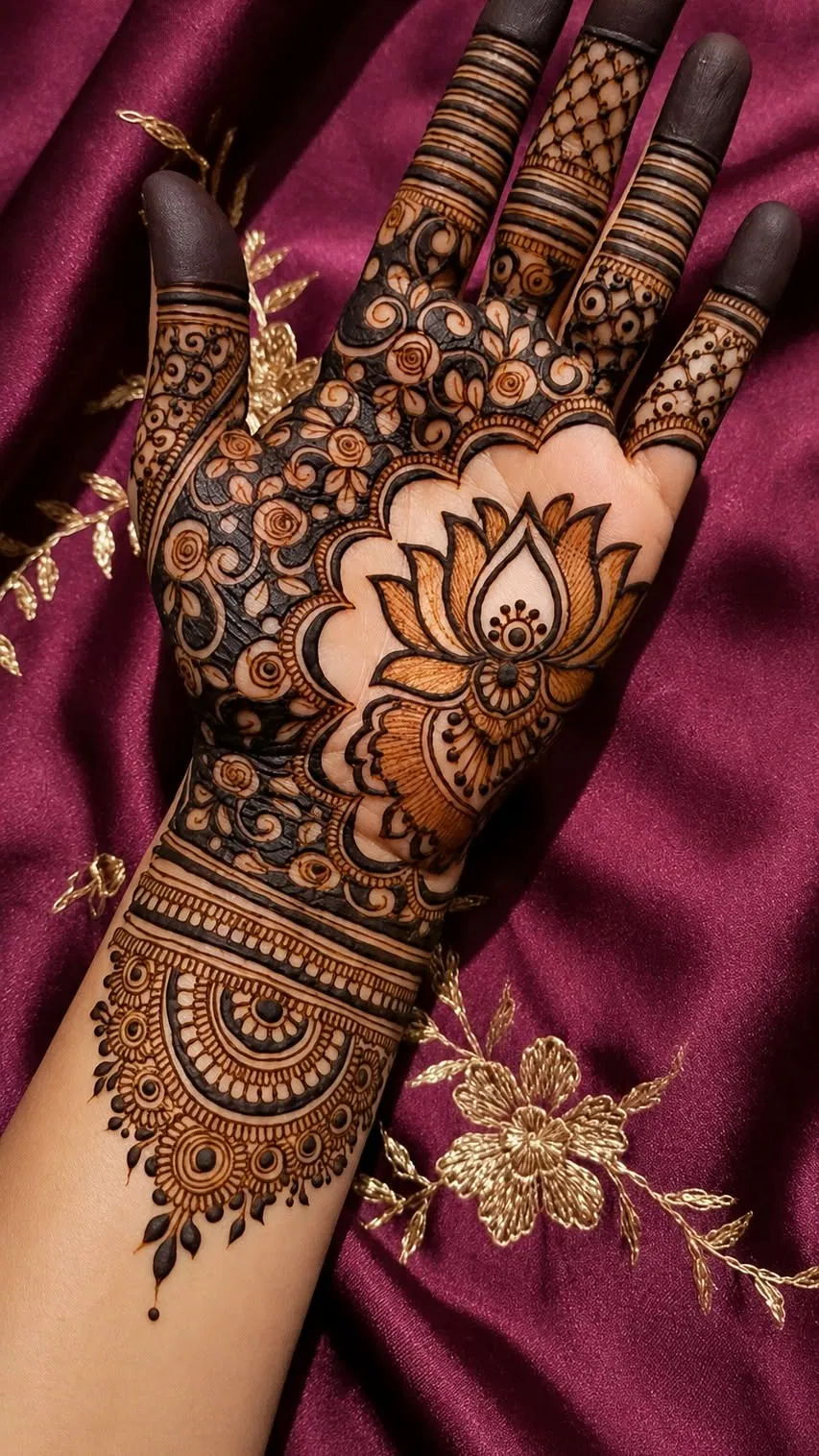 Arabic Stylish Front Hand Mehndi Design with Lotus for Diwali
