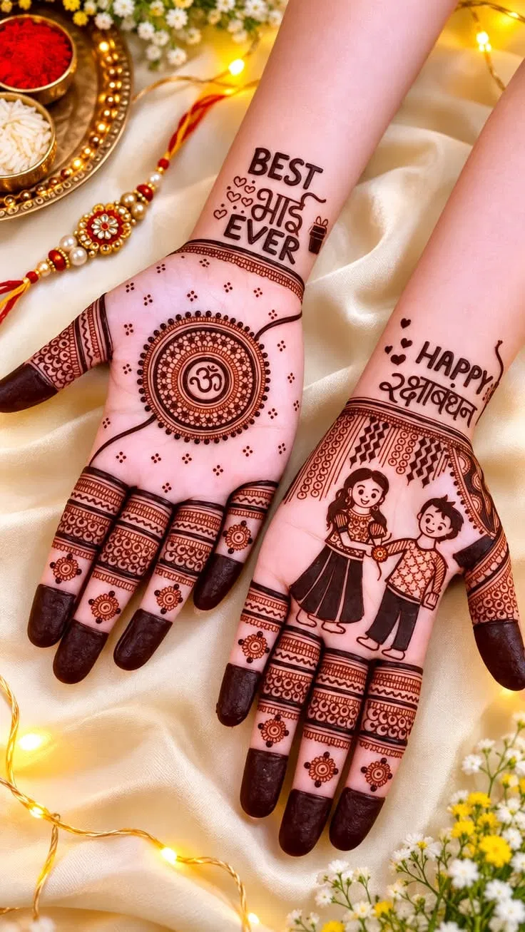 Aesthetic Bridal Full Hand Mehndi Design with Deity, Figures and Jaal for Raksha Bandhan