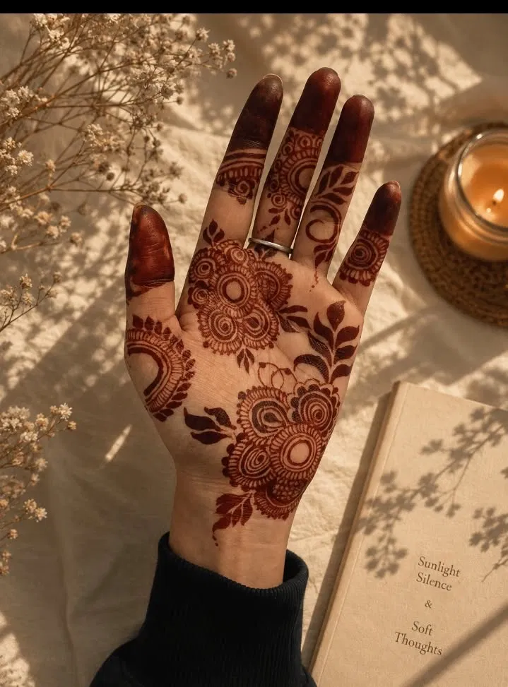 Aesthetic Arabic Back Hand Mehndi Design with Bel, Gol Tikki and Flowers for Eid (2)