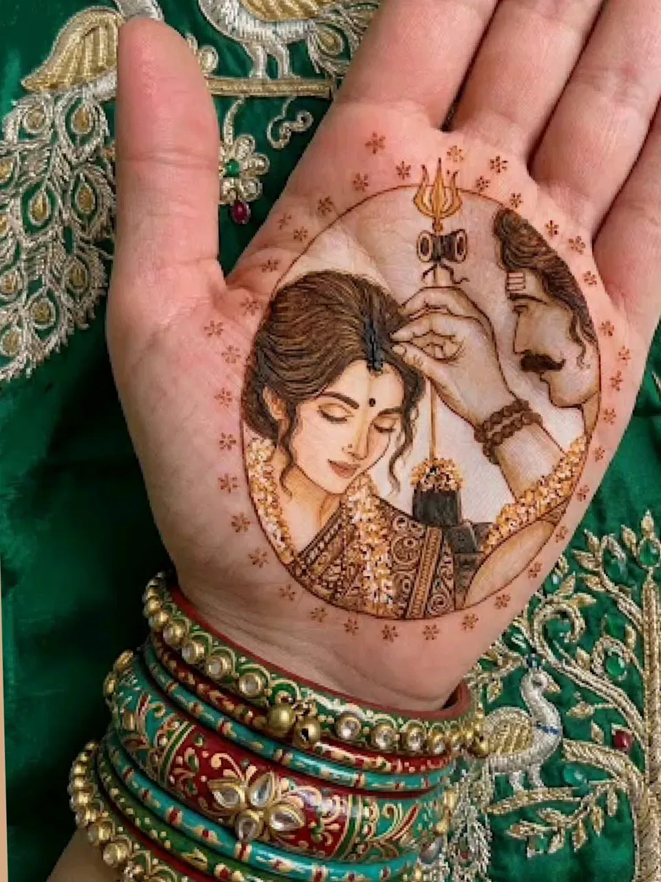 Indian Simple Front Hand Mehndi Design with Gol Tikki, Figures and Peacock for Sawan