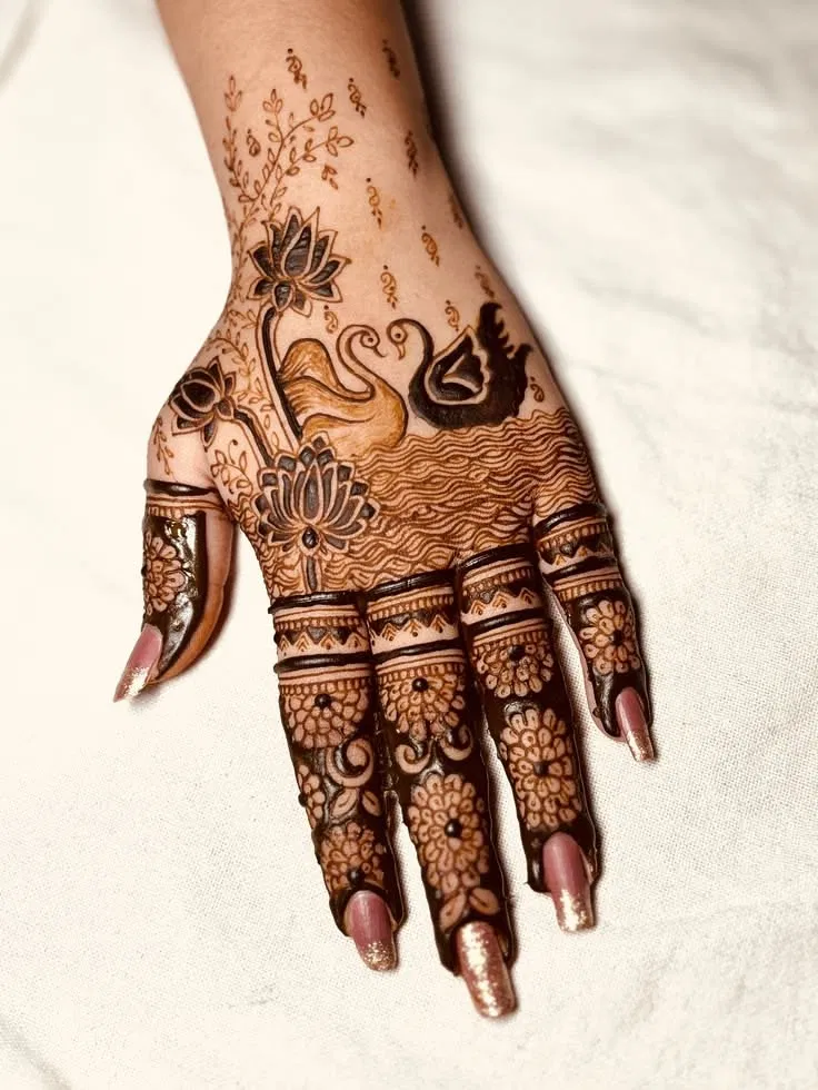Bridal Stylish Back Hand Mehndi Design with Figures, Flowers and Lotus for Engagement