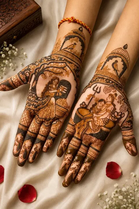 stylish deity back hand mehndi design