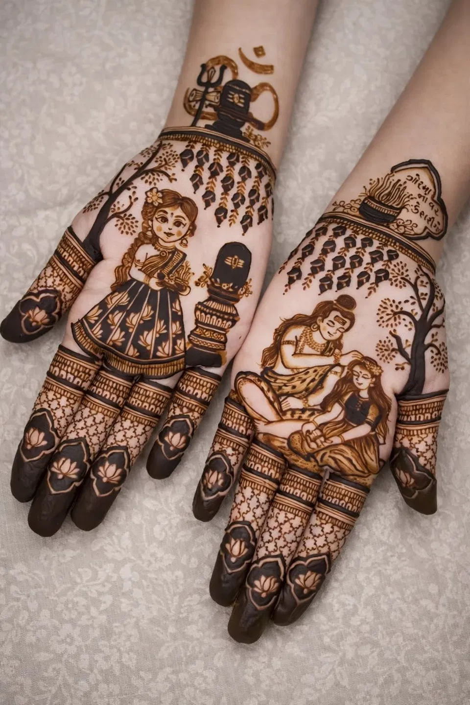 Stylish Finger Mehndi Design with Deity and Figures