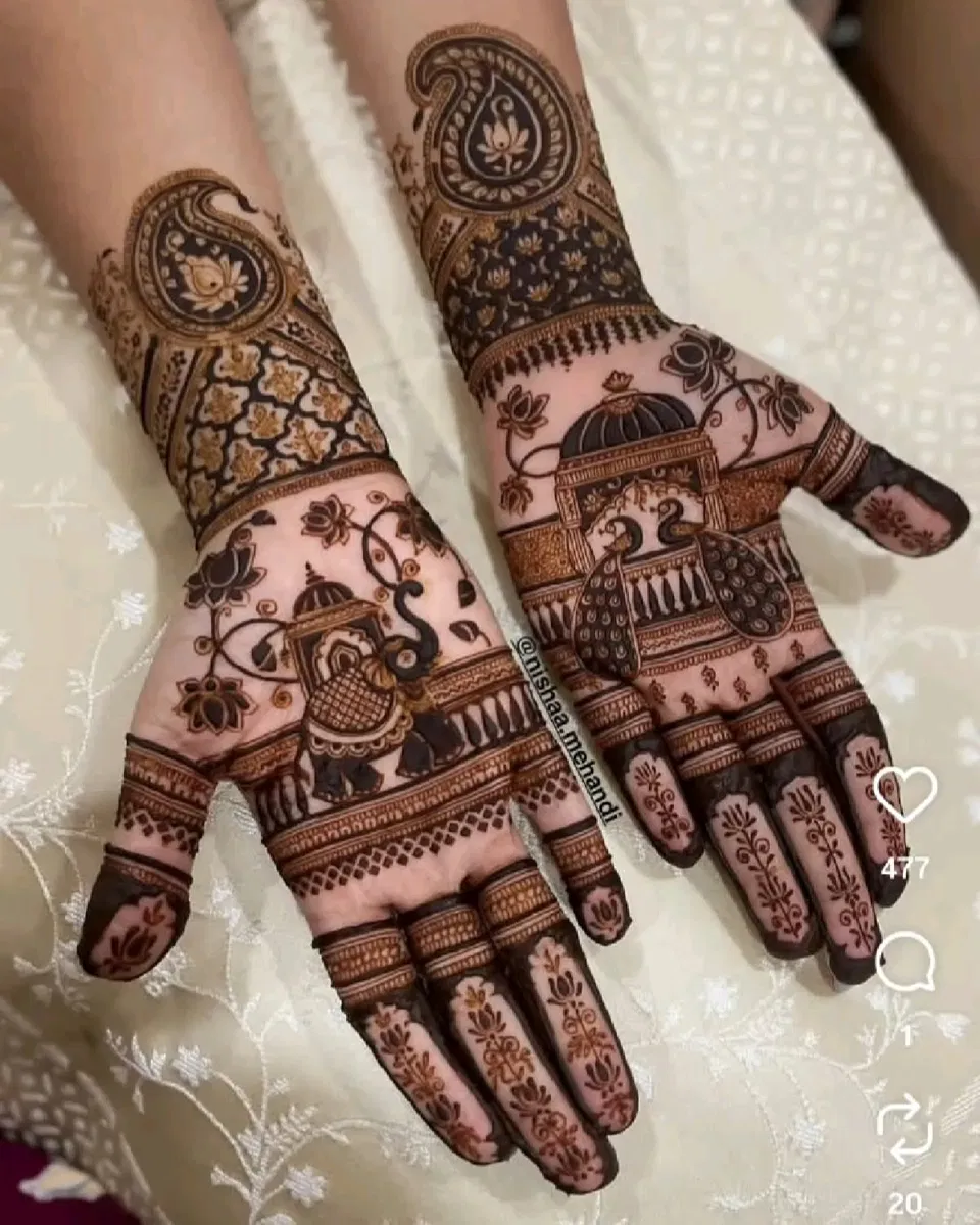 Bridal Indian Front Hand Mehndi Design with Gol Tikki, Figures and Peacock for Sawan (5)