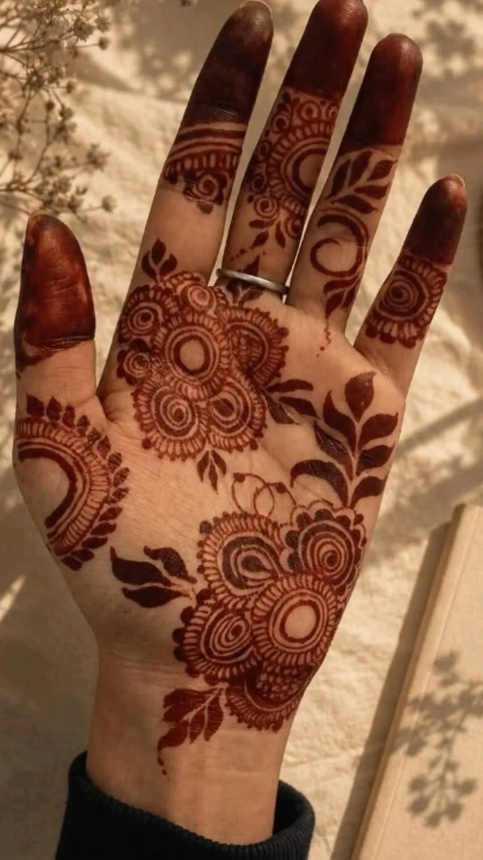 Aesthetic Arabic Finger Mehndi Design with Bel and Flowers for Eid