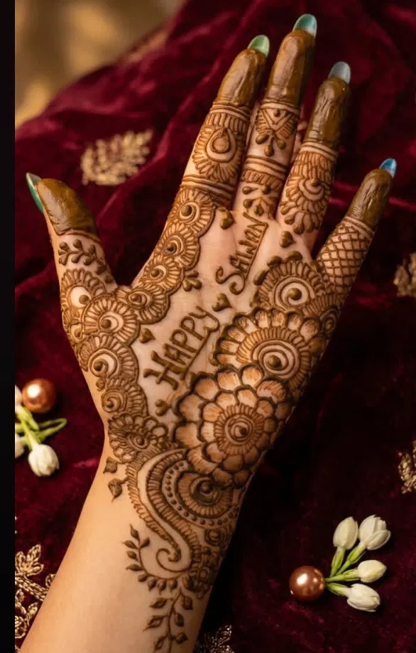 Back Hand Mehndi Design with Gol Tikki and Flowers for Sawan
