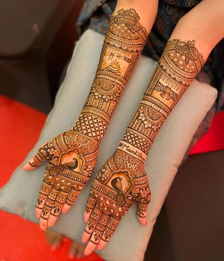 Bridal Stylish Front Hand Mehndi Design with Figures and Hearts (3)