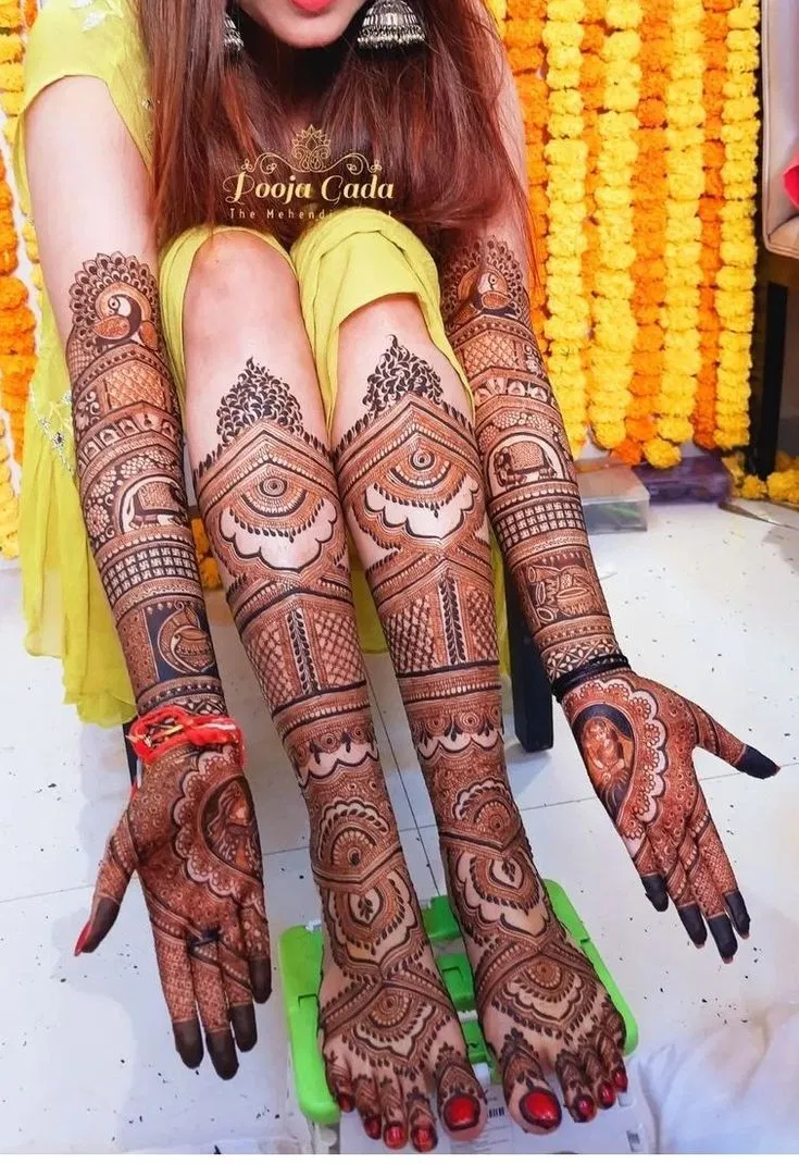 Bridal Stylish Full Hand Mehndi Design with Figures and Jaal (4)